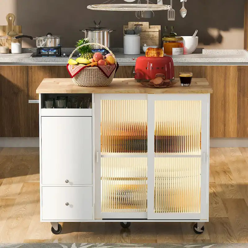 LED Light Kitchen Island Cart, Drop Leaf Breakfast Bar on Wheels, Bar Cabinet with 2 Drawers, 2 Glass Doors & 1 Flip Cabinet