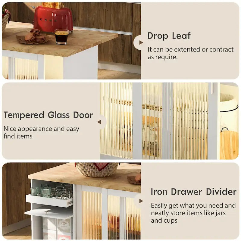 LED Light Kitchen Island Cart, Drop Leaf Breakfast Bar on Wheels, Bar Cabinet with 2 Drawers, 2 Glass Doors & 1 Flip Cabinet