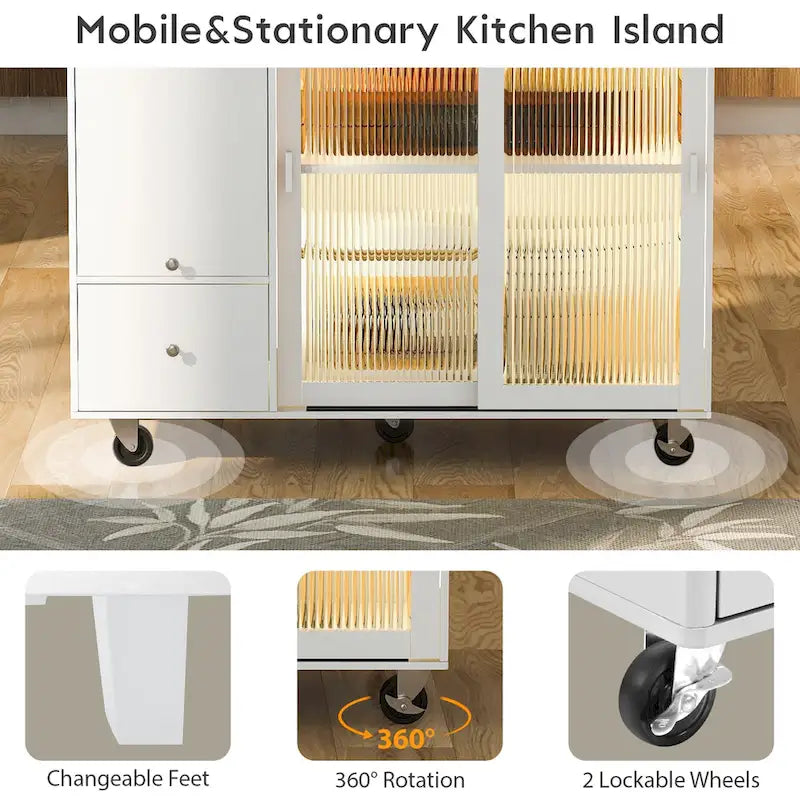 LED Light Kitchen Island Cart, Drop Leaf Breakfast Bar on Wheels, Bar Cabinet with 2 Drawers, 2 Glass Doors & 1 Flip Cabinet