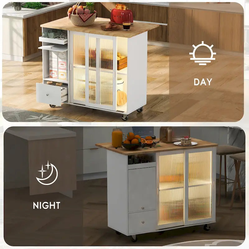 LED Light Kitchen Island Cart, Drop Leaf Breakfast Bar on Wheels, Bar Cabinet with 2 Drawers, 2 Glass Doors & 1 Flip Cabinet