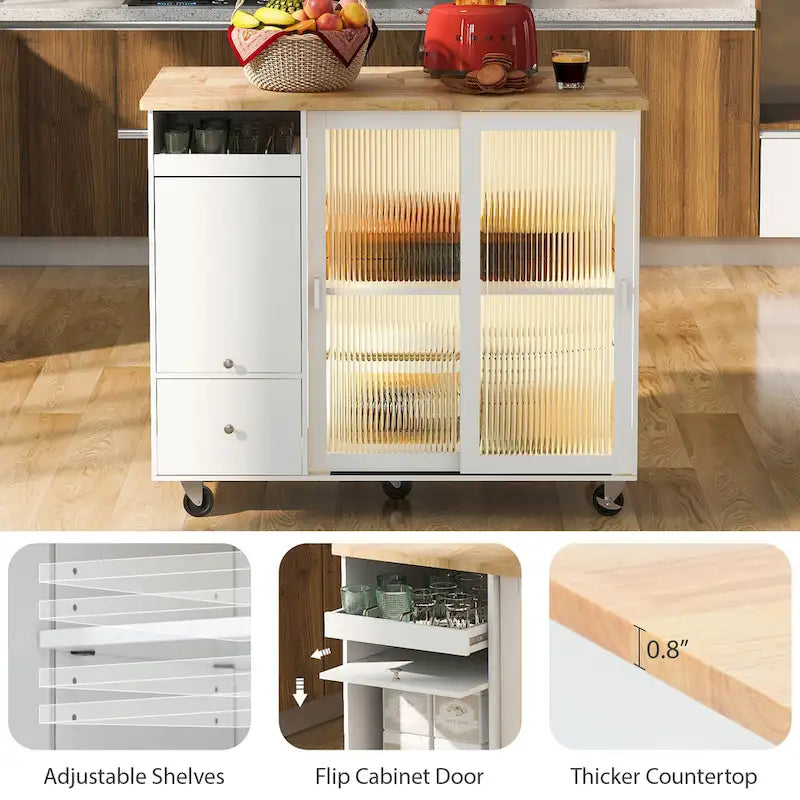 LED Light Kitchen Island Cart, Drop Leaf Breakfast Bar on Wheels, Bar Cabinet with 2 Drawers, 2 Glass Doors & 1 Flip Cabinet