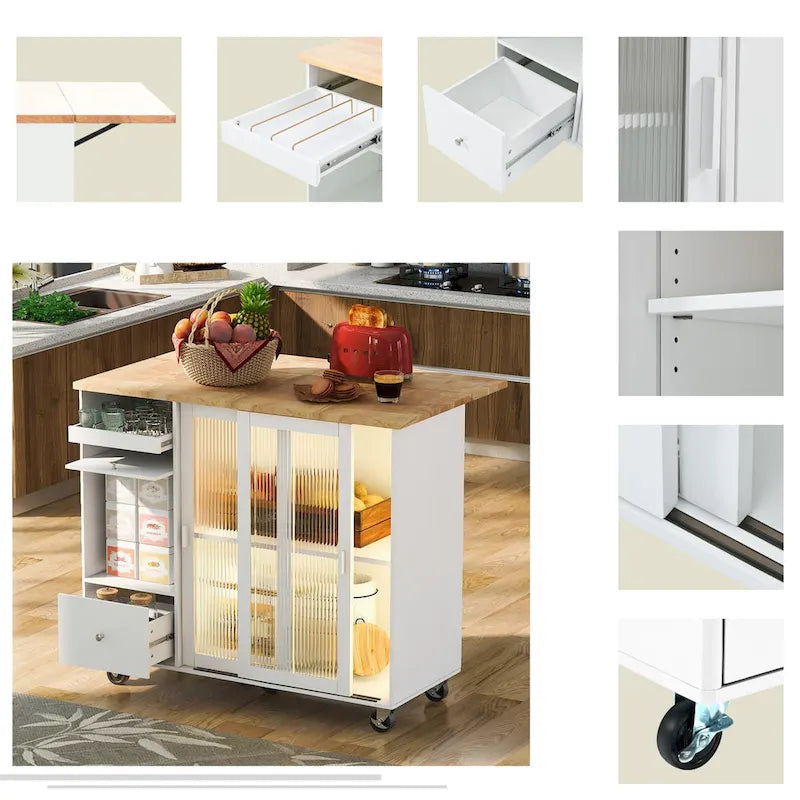 LED Light Kitchen Island Cart, Drop Leaf Breakfast Bar on Wheels, Bar Cabinet with 2 Drawers, 2 Glass Doors & 1 Flip Cabinet