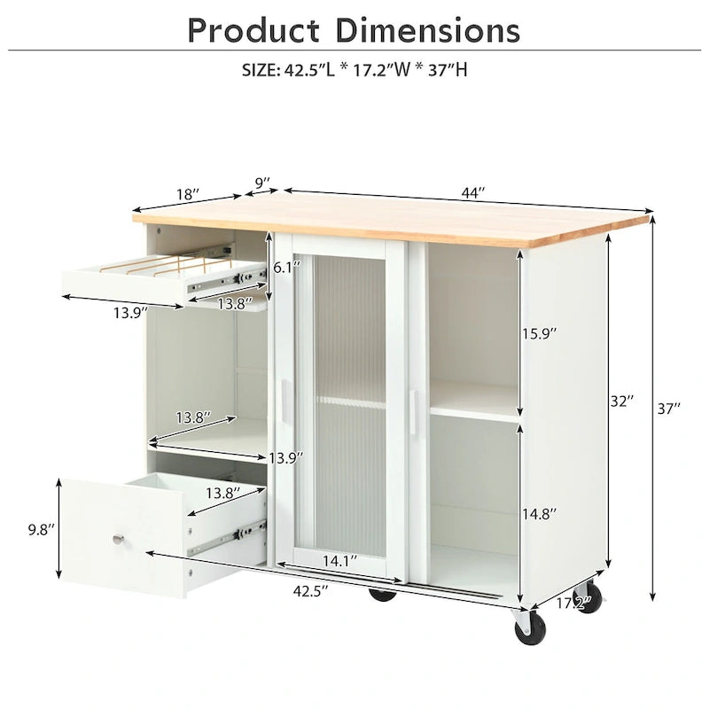 LED Light Kitchen Island Cart, Drop Leaf Breakfast Bar on Wheels, Bar Cabinet with 2 Drawers, 2 Glass Doors & 1 Flip Cabinet