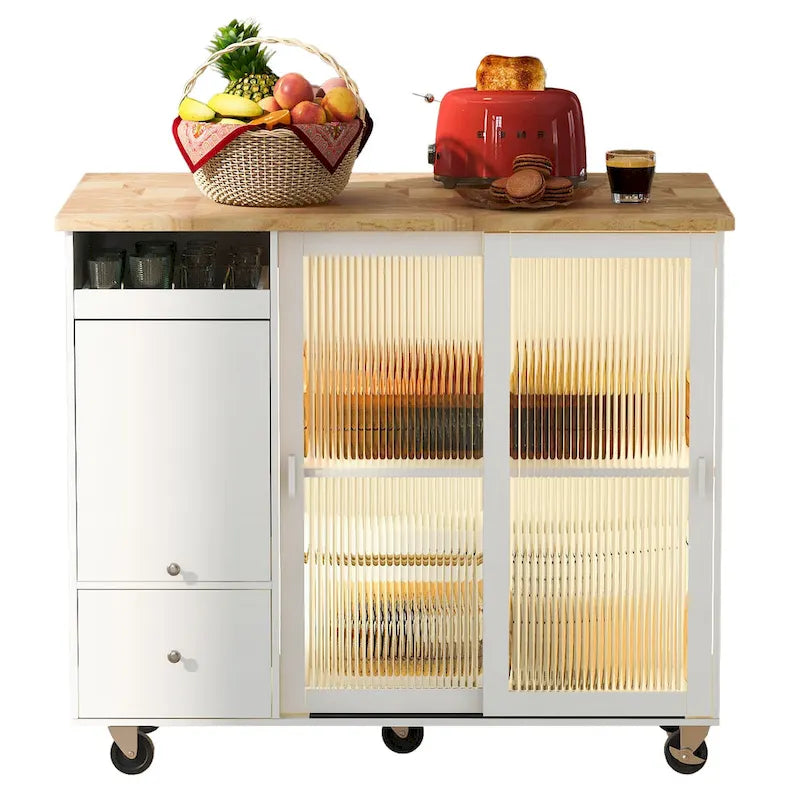 LED Light Kitchen Island Cart, Drop Leaf Breakfast Bar on Wheels, Bar Cabinet with 2 Drawers, 2 Glass Doors & 1 Flip Cabinet