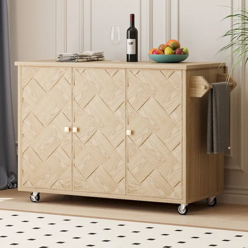Solid Wood Handwoven Kitchen Island, Kitchen Island Cart on Wheels, Rolling Island Cart with Drop Leaf & Internal Storage Rack