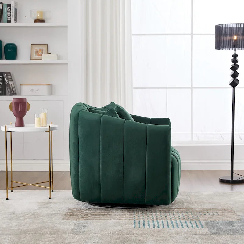 Oversized 360 Swivel Accent Barrel Chair and Half Cozy Sofa with 3 Pillows,Velvet Channel Tufted Pumpkin-Shape Club Armchair