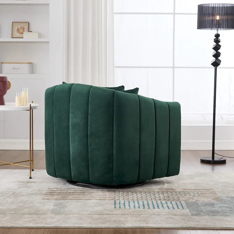 Oversized 360 Swivel Accent Barrel Chair and Half Cozy Sofa with 3 Pillows,Velvet Channel Tufted Pumpkin-Shape Club Armchair