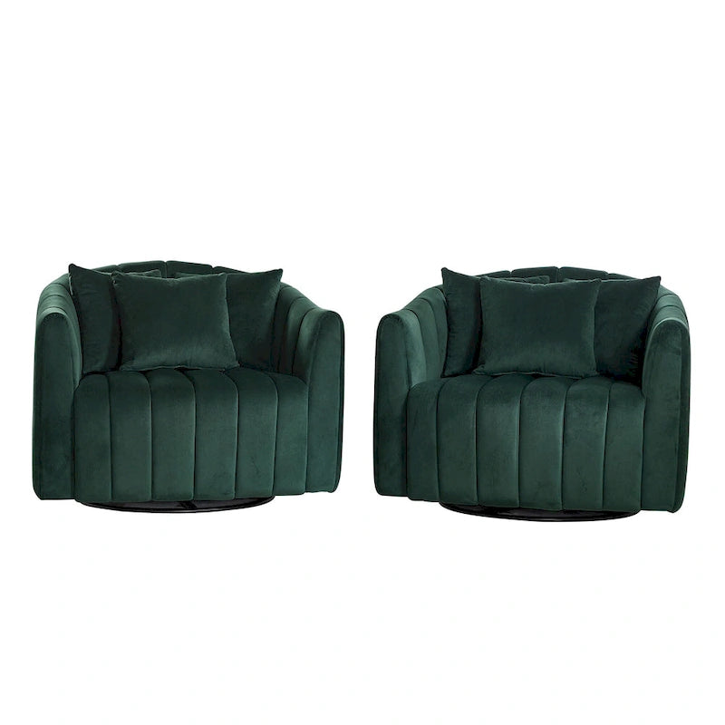 Oversized 360 Swivel Accent Barrel Chair and Half Cozy Sofa with 3 Pillows,Velvet Channel Tufted Pumpkin-Shape Club Armchair