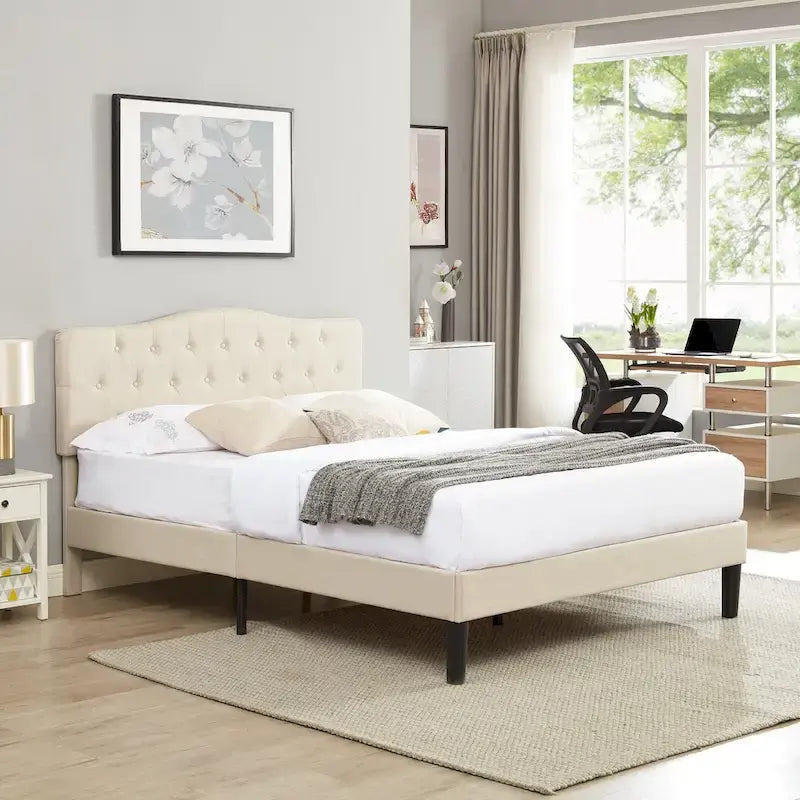 VECELO Tufted Upholstered Bed Frames With Adjustable Headboard