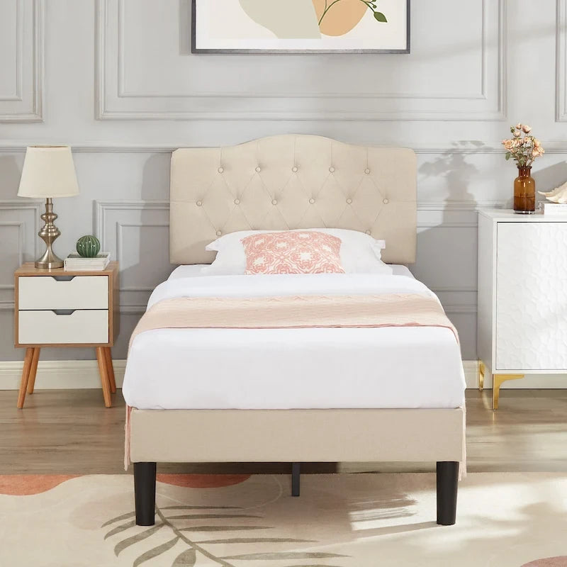 VECELO Tufted Upholstered Bed Frames With Adjustable Headboard