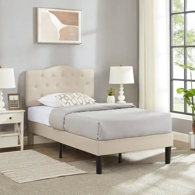 VECELO Tufted Upholstered Bed Frames With Adjustable Headboard
