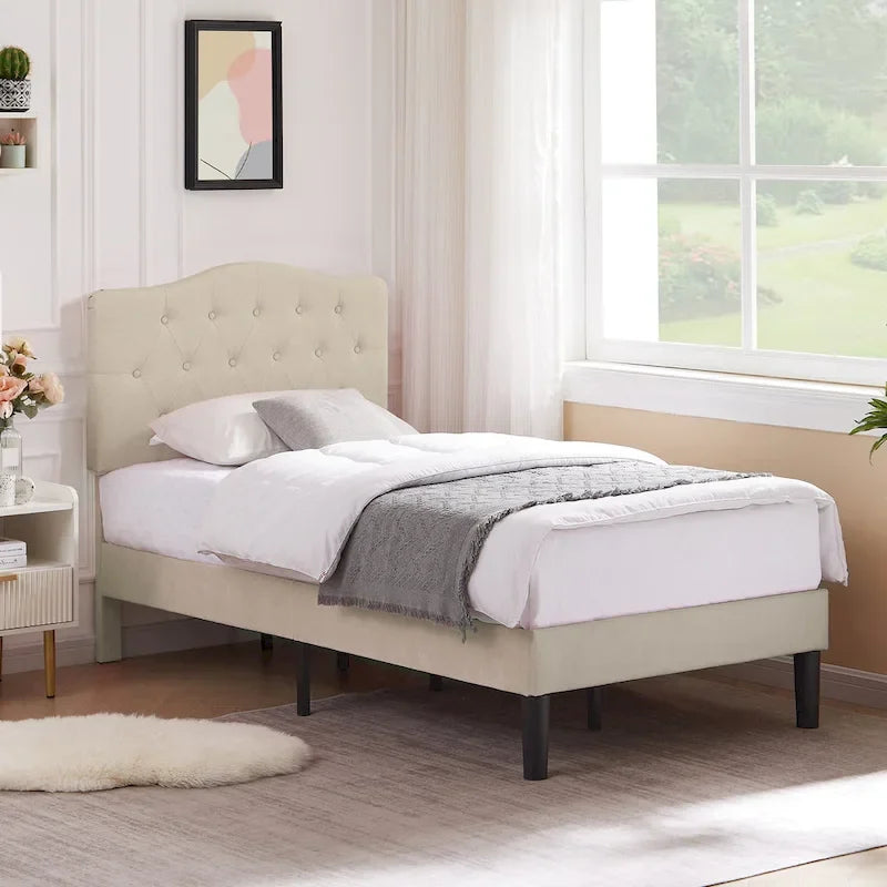 VECELO Tufted Upholstered Bed Frames With Adjustable Headboard