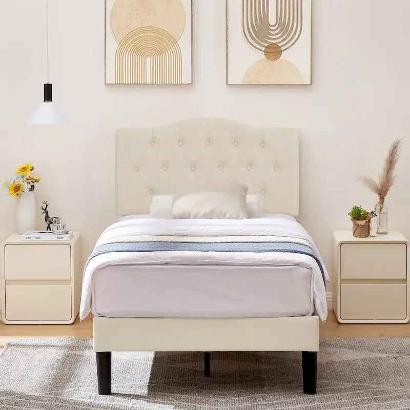 VECELO Tufted Upholstered Bed Frames With Adjustable Headboard