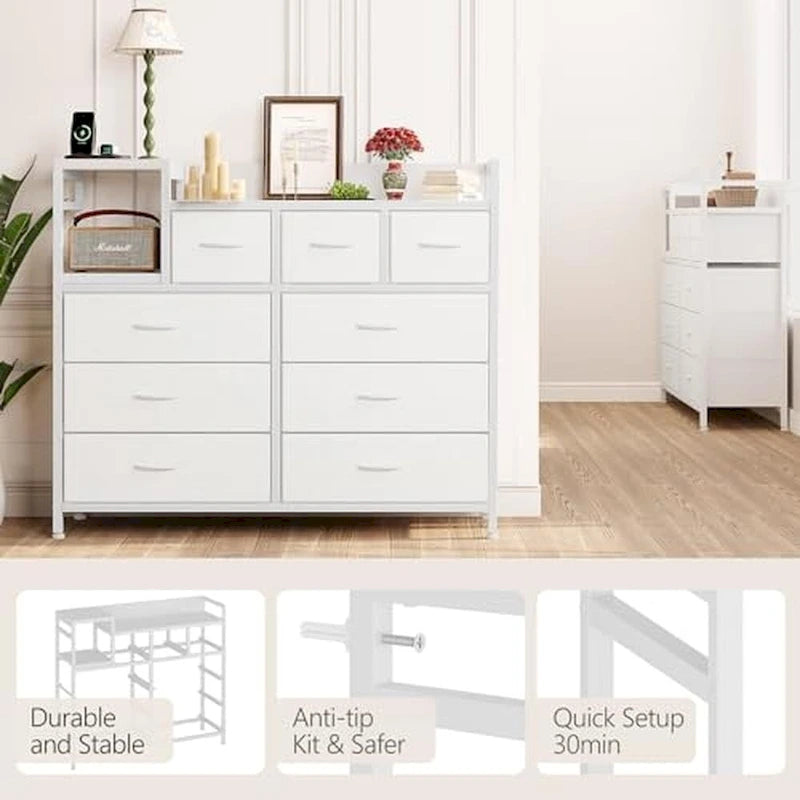 Bedroom Dresser with 9 Drawers Tv Stand with Charging Stand Modern Fabric Chest of Drawers