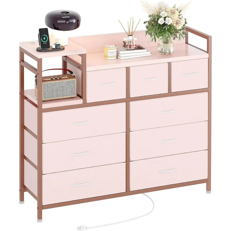 Bedroom Dresser with 9 Drawers Tv Stand with Charging Stand Modern Fabric Chest of Drawers