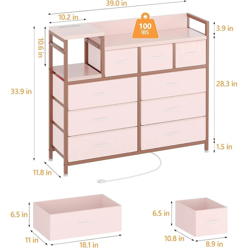 Bedroom Dresser with 9 Drawers Tv Stand with Charging Stand Modern Fabric Chest of Drawers