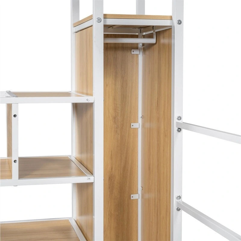 Twin/Full Size Loft Bed with Bulit-in Desk, Wardrobe & Storage Staircase, Metal Loft Bedframe with LED Light and Metal Grid