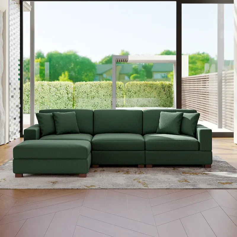 Modular Corduroy Sectional Sofa Set Chaise Couch with Ottoman