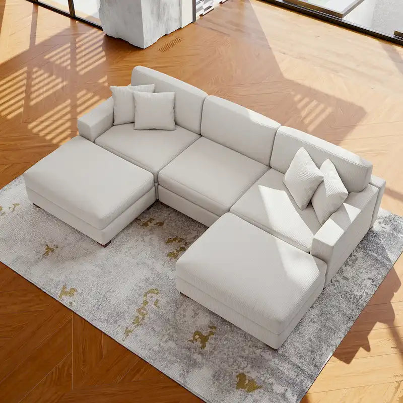 Modular Corduroy Sectional Sofa Set Chaise Couch with Ottoman