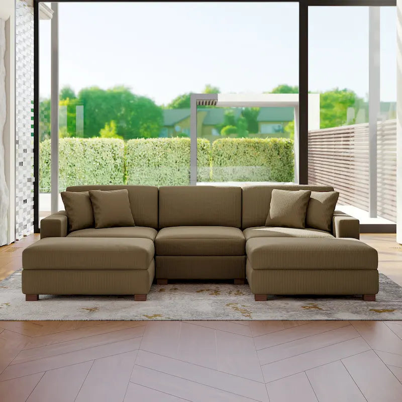 Modular Corduroy Sectional Sofa Set Chaise Couch with Ottoman