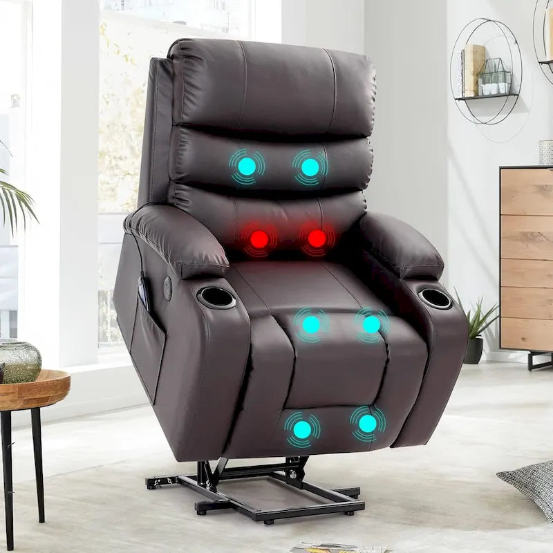 Oversized Power Lift Recliner Chair with Massage & Heat, PU Leather, USB Port, Cup Holders & Pockets