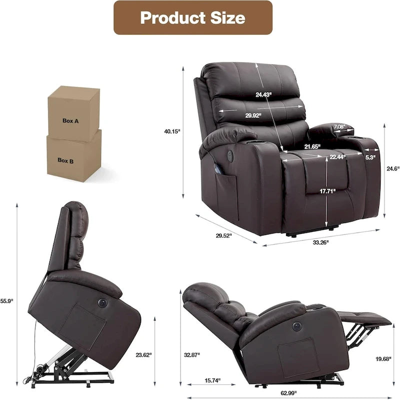 Oversized Power Lift Recliner Chair with Massage & Heat, PU Leather, USB Port, Cup Holders & Pockets