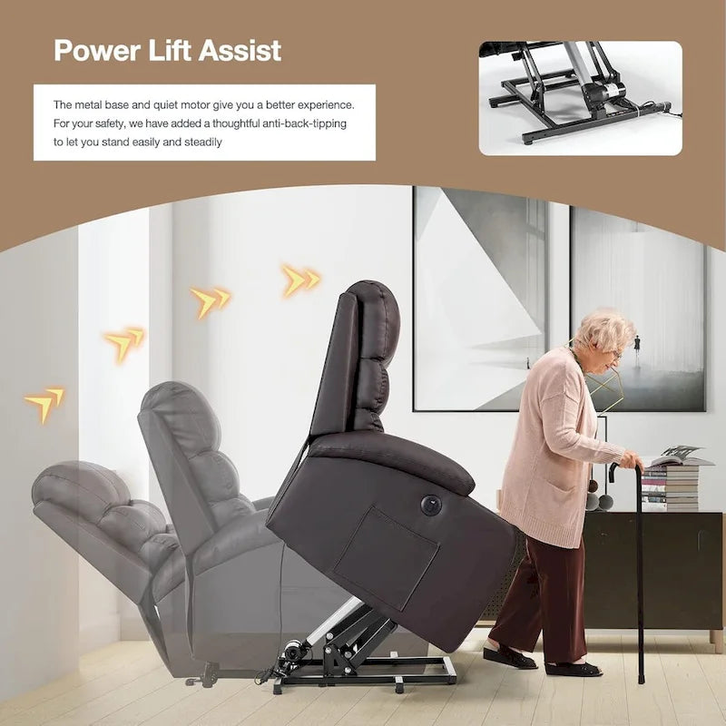 Oversized Power Lift Recliner Chair with Massage & Heat, PU Leather, USB Port, Cup Holders & Pockets
