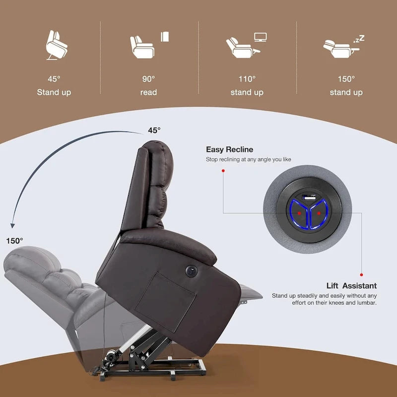 Oversized Power Lift Recliner Chair with Massage & Heat, PU Leather, USB Port, Cup Holders & Pockets