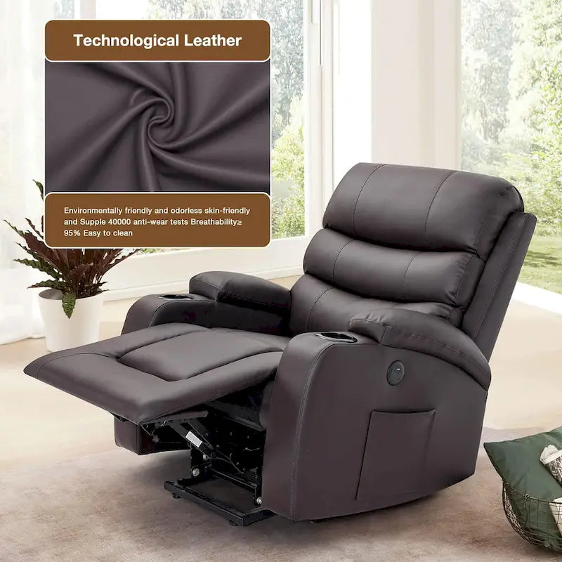 Oversized Power Lift Recliner Chair with Massage & Heat, PU Leather, USB Port, Cup Holders & Pockets