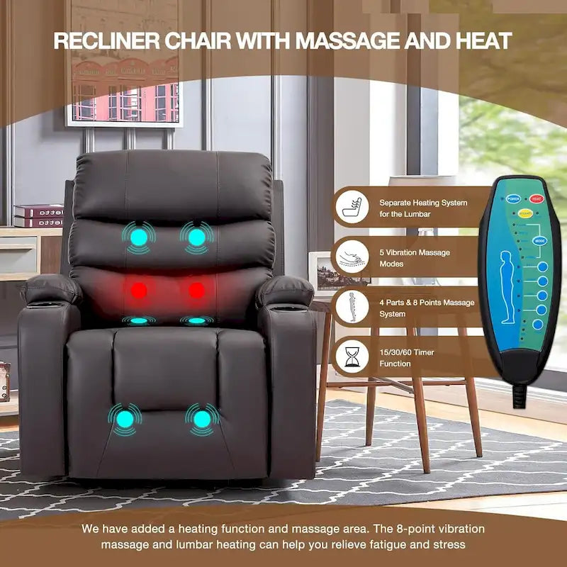 Oversized Power Lift Recliner Chair with Massage & Heat, PU Leather, USB Port, Cup Holders & Pockets