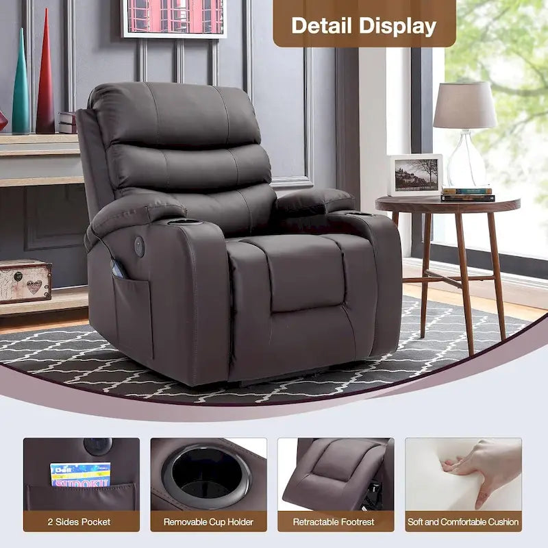Oversized Power Lift Recliner Chair with Massage & Heat, PU Leather, USB Port, Cup Holders & Pockets