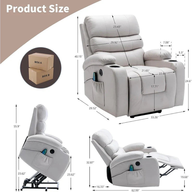 Oversized Power Lift Recliner Chair with Massage & Heat, PU Leather, USB Port, Cup Holders & Pockets