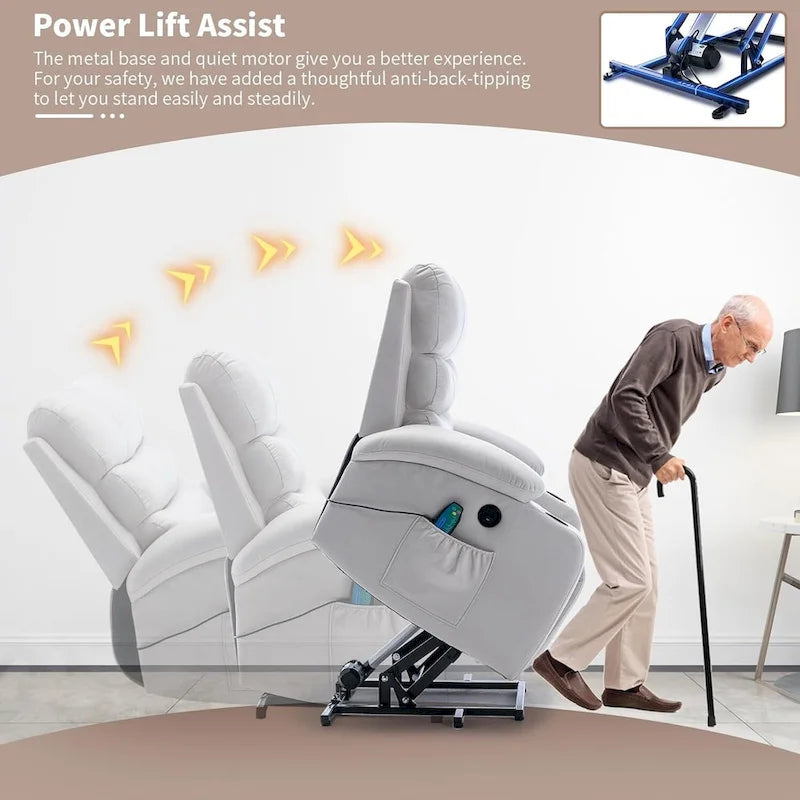 Oversized Power Lift Recliner Chair with Massage & Heat, PU Leather, USB Port, Cup Holders & Pockets