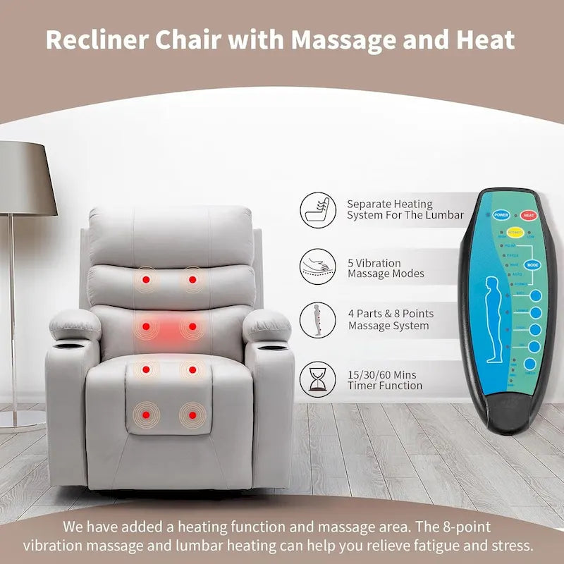 Oversized Power Lift Recliner Chair with Massage & Heat, PU Leather, USB Port, Cup Holders & Pockets