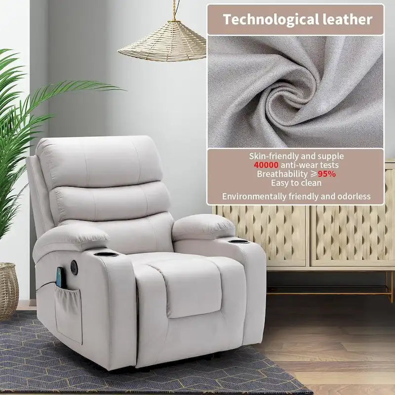 Oversized Power Lift Recliner Chair with Massage & Heat, PU Leather, USB Port, Cup Holders & Pockets
