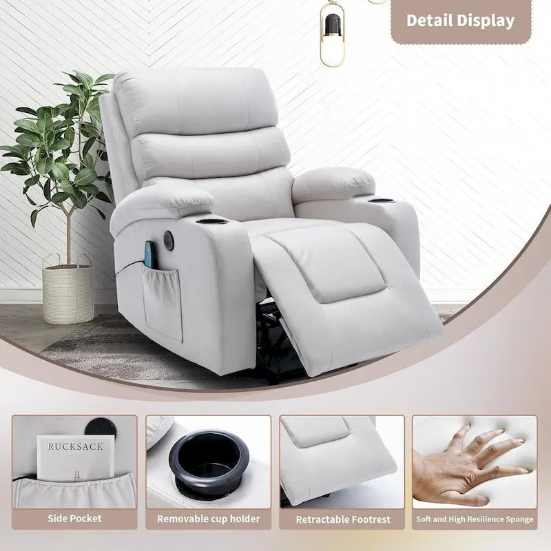 Oversized Power Lift Recliner Chair with Massage & Heat, PU Leather, USB Port, Cup Holders & Pockets