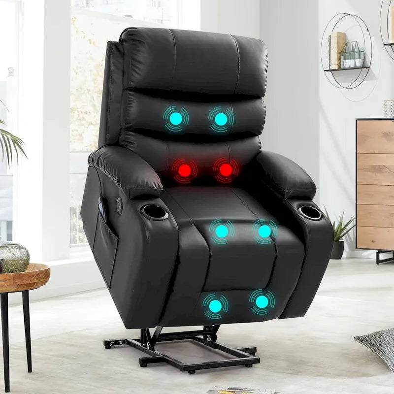 Oversized Power Lift Recliner Chair with Massage & Heat, PU Leather, USB Port, Cup Holders & Pockets