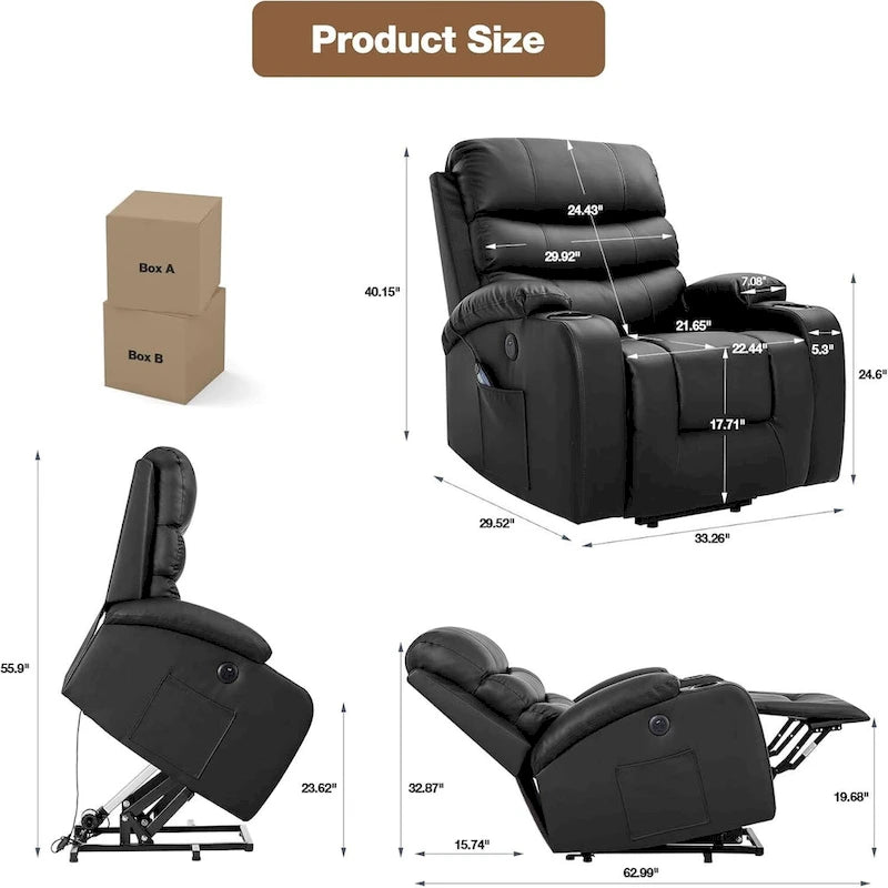 Oversized Power Lift Recliner Chair with Massage & Heat, PU Leather, USB Port, Cup Holders & Pockets