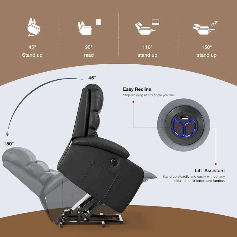 Oversized Power Lift Recliner Chair with Massage & Heat, PU Leather, USB Port, Cup Holders & Pockets