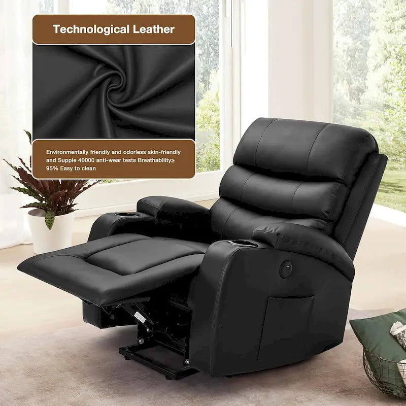 Oversized Power Lift Recliner Chair with Massage & Heat, PU Leather, USB Port, Cup Holders & Pockets