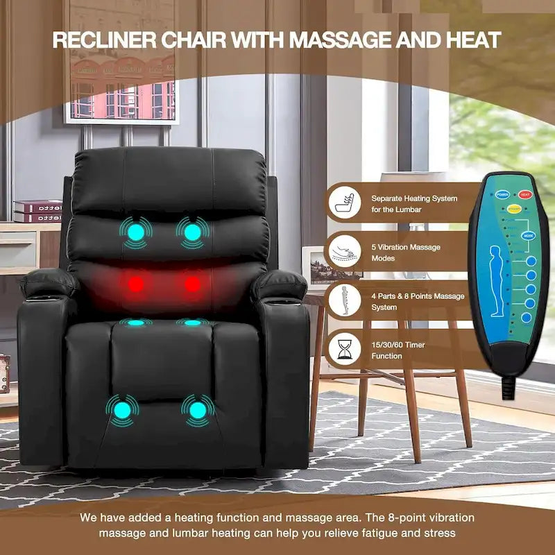 Oversized Power Lift Recliner Chair with Massage & Heat, PU Leather, USB Port, Cup Holders & Pockets