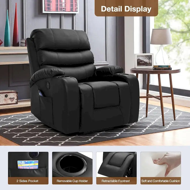 Oversized Power Lift Recliner Chair with Massage & Heat, PU Leather, USB Port, Cup Holders & Pockets