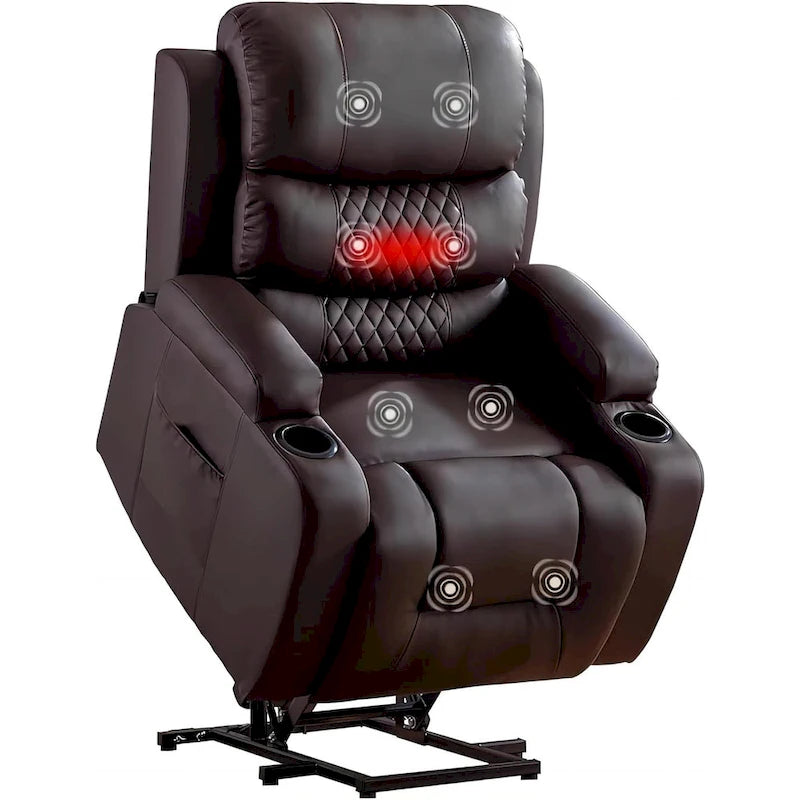 Oversized Power Lift Recliner Chair with Massage & Heat, PU Leather, USB Port, Cup Holders & Pockets