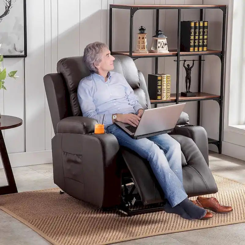 Oversized Power Lift Recliner Chair with Massage & Heat, PU Leather, USB Port, Cup Holders & Pockets