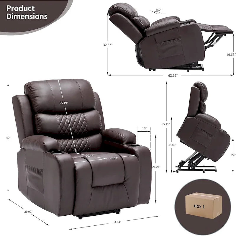 Oversized Power Lift Recliner Chair with Massage & Heat, PU Leather, USB Port, Cup Holders & Pockets