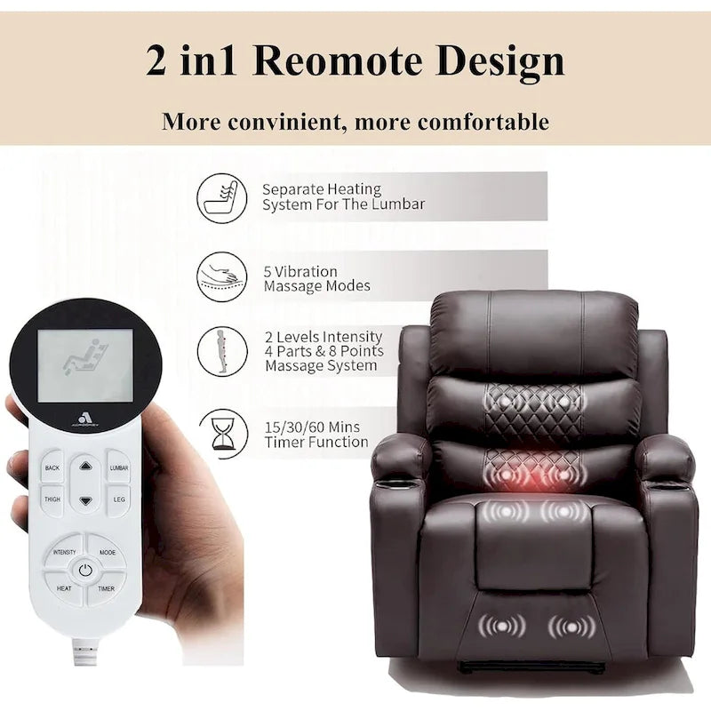 Oversized Power Lift Recliner Chair with Massage & Heat, PU Leather, USB Port, Cup Holders & Pockets