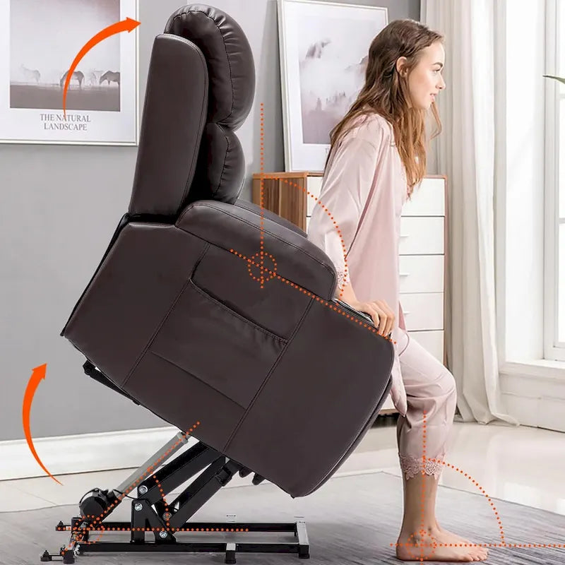 Oversized Power Lift Recliner Chair with Massage & Heat, PU Leather, USB Port, Cup Holders & Pockets