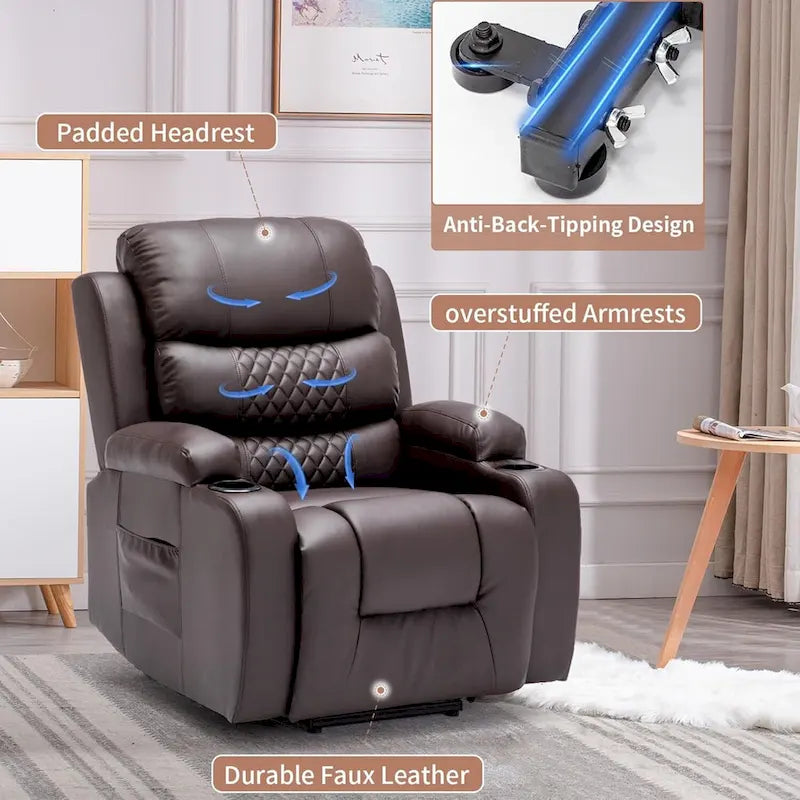 Oversized Power Lift Recliner Chair with Massage & Heat, PU Leather, USB Port, Cup Holders & Pockets