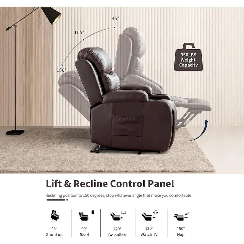 Oversized Power Lift Recliner Chair with Massage & Heat, PU Leather, USB Port, Cup Holders & Pockets