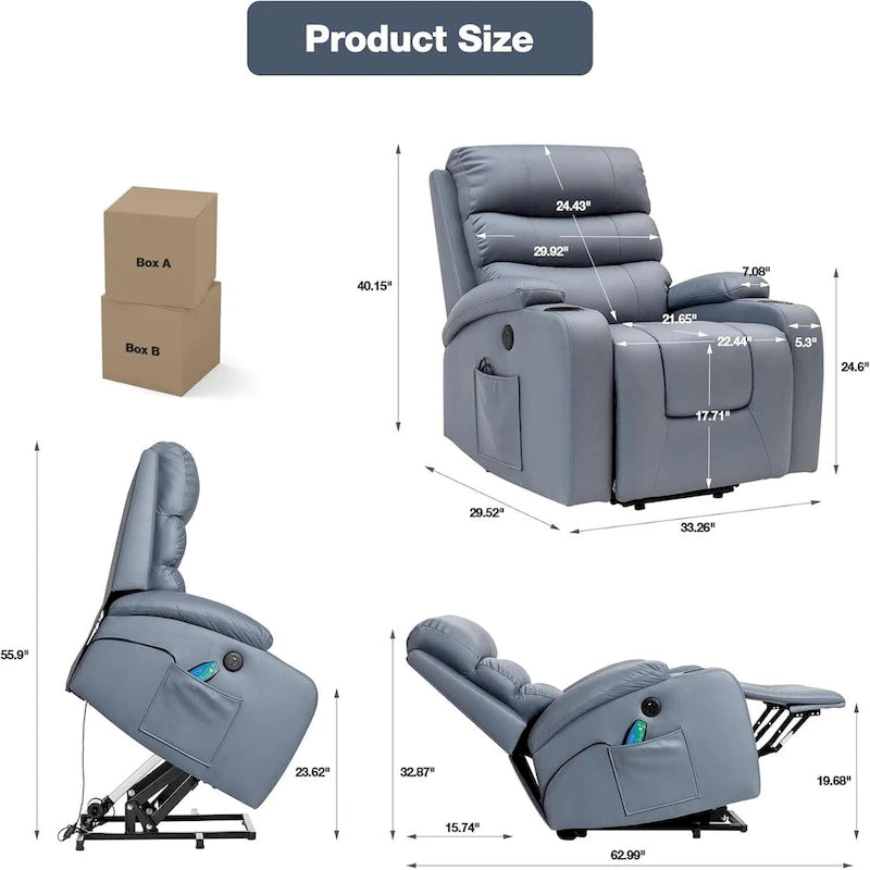 Oversized Power Lift Recliner Chair with Massage & Heat, PU Leather, USB Port, Cup Holders & Pockets